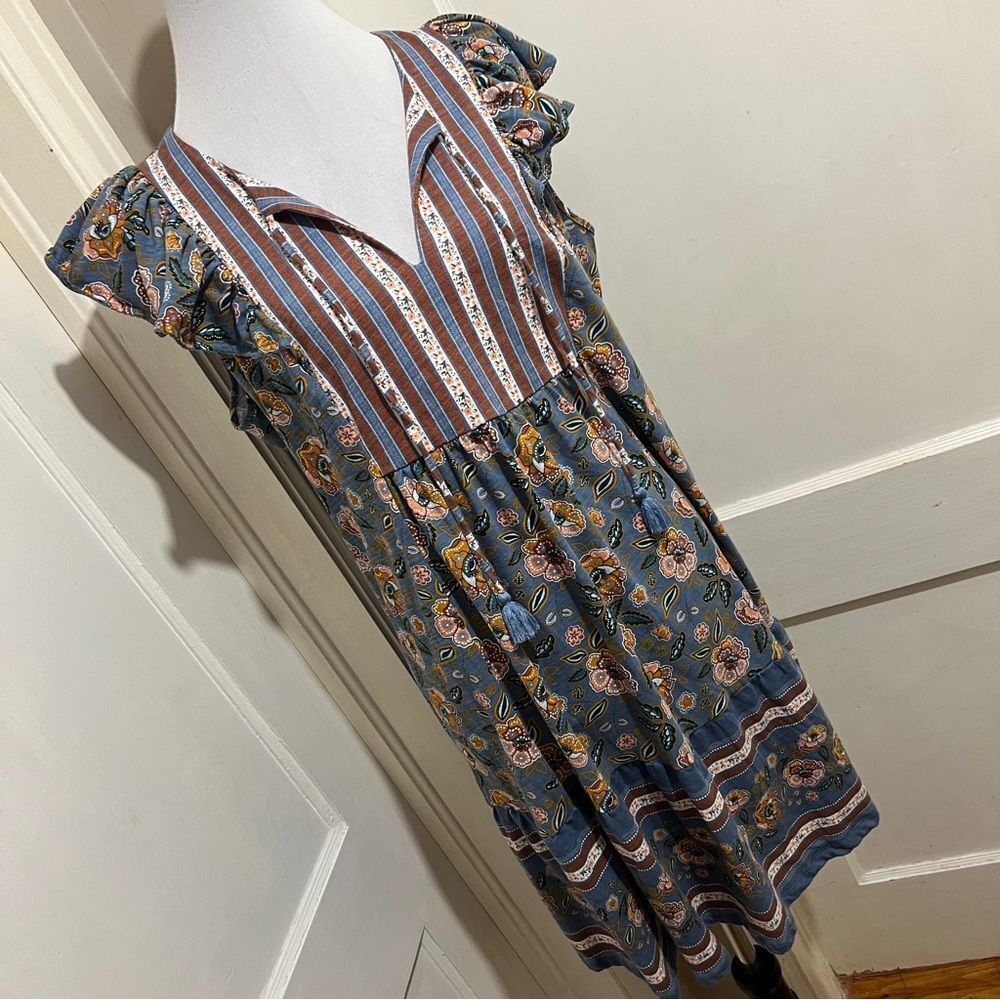 Matilda Jane Blue and Brown Striped Floral Dress Womens Large